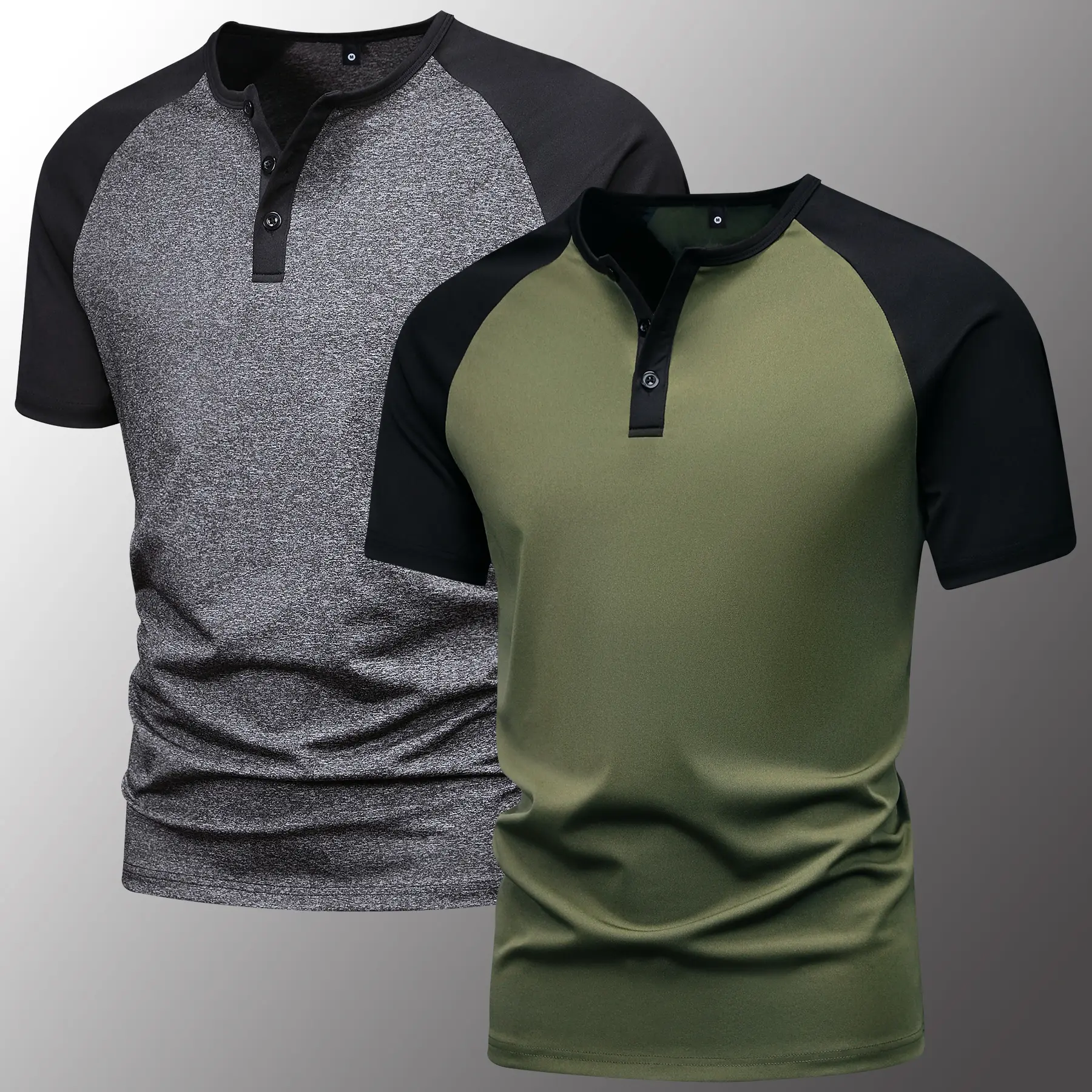Men's Casual Henley Tshirt - Simple Menswear Top with Contrast Short Sleeves, Gray & Olive Green Options for Everyday Wear, Shortsleeve, Stylish, Casual Chic, Polyester Blend
