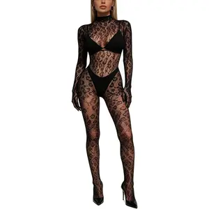Women's Fishnet Bodysuit Leopard Lingerie Bodystocking See Through Mesh Jumpsuit with Long Sleeve Design for Rave