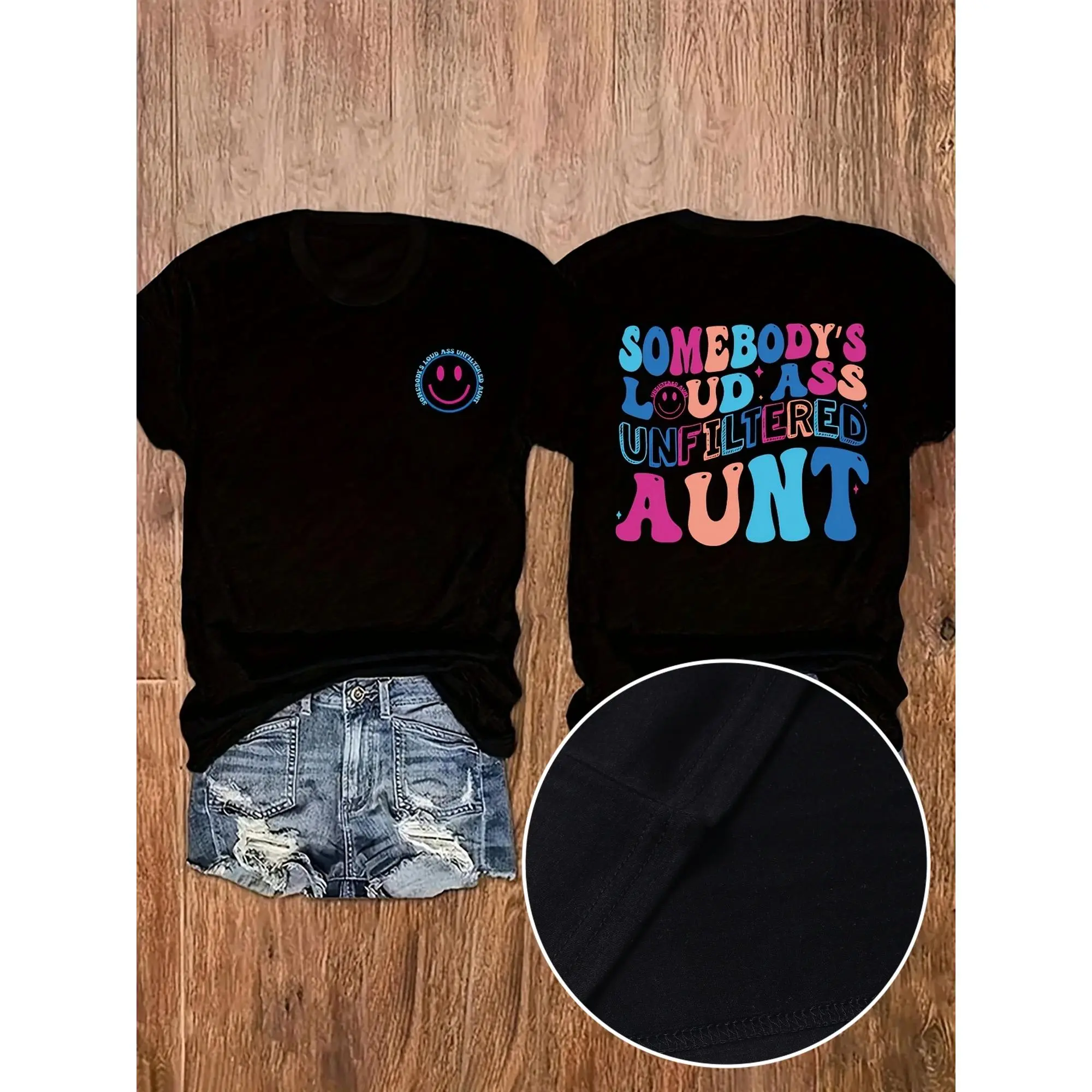 Auntie printed round neck T-shirt, spring and summer casual short sleeved top, women's clothing