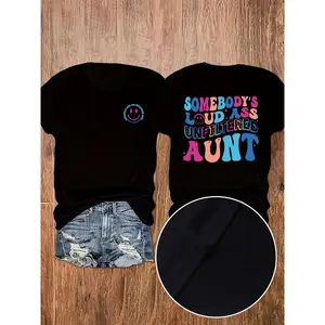 Auntie printed round neck T-shirt, spring and summer casual short sleeved top, women's clothing