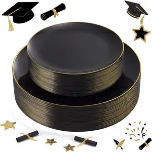 60 count Black Plastic Plates - Black Disposable Plates with  Rim - Include 30 count 10.25inch for Dinner and 30 count 7.5inch for Dessert for Wedding/Graduation/Party/Father's Day
