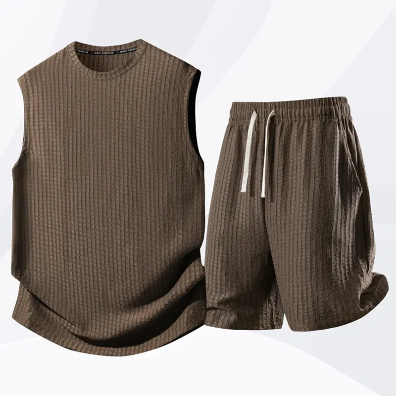 Summer waffle casual set for men: sleeveless tank top + drawstring shorts, two-piece athletic outfit, versatile for everyday wear