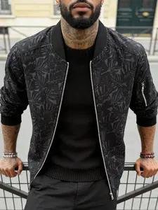 Men's Spring & Fall Fitted Casual Jacket, Long Sleeves, Zipper Closure, Arm Zipper Design, Stylish Print Baseball Collar, Outerwear, 100% Polyester