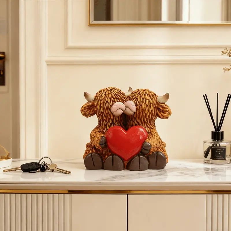 Cute Highland cow heart-shaped couple animal resin statue ornament, Cute cow design, suitable for various room types, multi-purpose decorative sculpture for bedrooms, living rooms, offices, and tea rooms, an ideal Valentine's Day gift