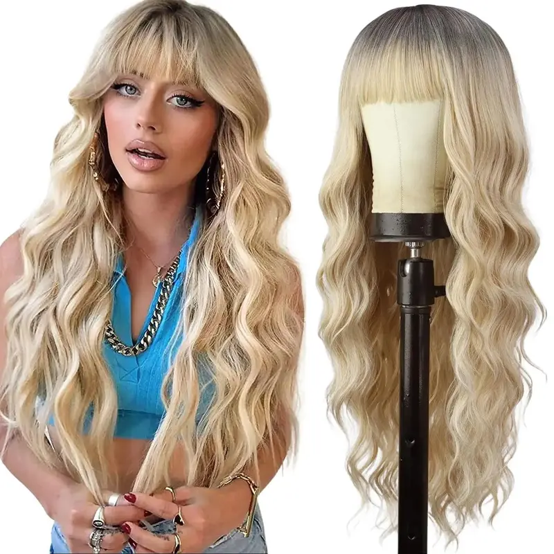 Sohochic AISI HAIR Women's Glueless Ombre Layered Blonde with Dark Root Long Wavy Curls Synthetic Wig with Bangs - Adult Cosplay Wig, Soft Heat-Resistant Fiber, Breathable Comfortable Rose Net Cap, Natural Glam Look, Easy to Manage for Daily/Party Use