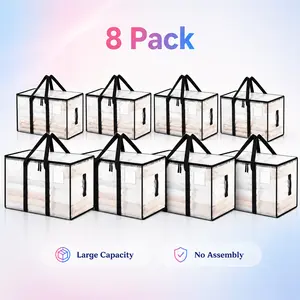 8 Pack Extra Large Heavy Duty Moving Bags, Clear Storage Bins with Lids, Reinforced Handles & Heavy-Duty Zippers Moving Boxes Storage Bags Totes for Clothes Packing, Dorms, College Supplies, Clear foldable clothing storage box dust