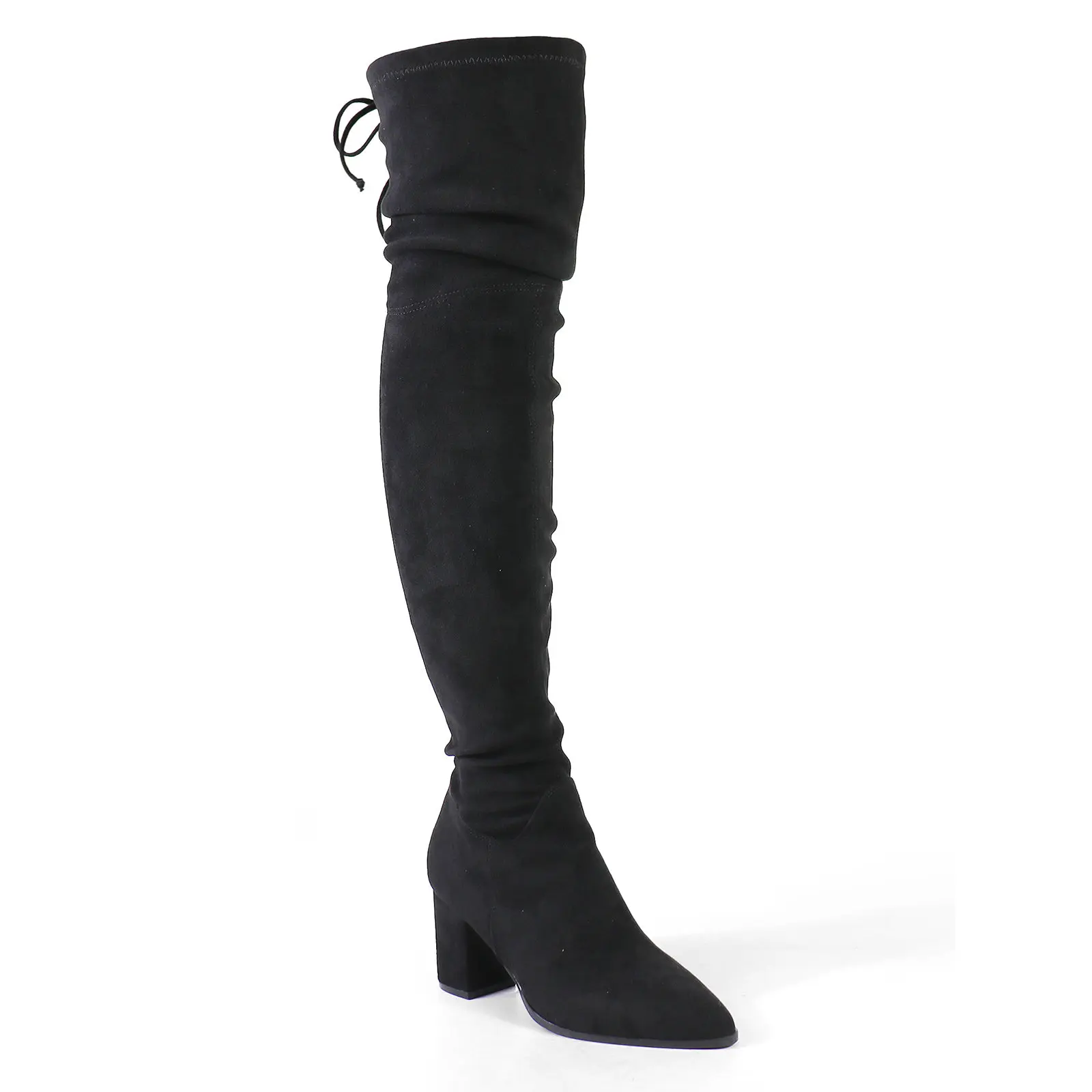 Frederick's of Hollywood Becky Women's Stretch Thigh-High Boots with Stacked Heel, Comfortable Over-The-Knee Style for Day-to-Night Wear, Comfortable Heels, Day-Night, Flexible