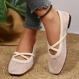 Mesh Ballet Flats Shoes for Women Comfortable Crisscross Strap Square Toe Fishnet Flats for Events Party Leisure