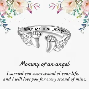 Adjustable Letter & Wing Design Cuff Ring, Fashionable Jewelry for Women, Elegant All-match Accessories for Daily Wear, Engraved Ring, Personalized Angel Ring, Great Gift for Mom