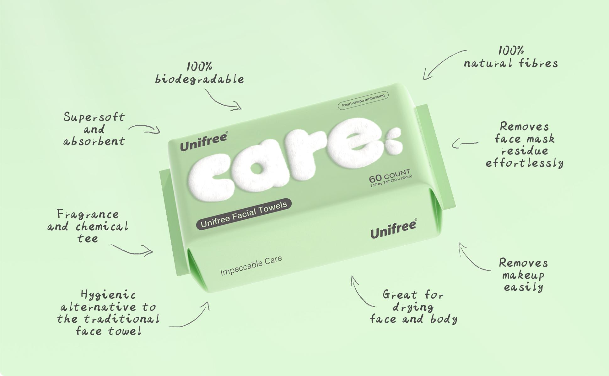Unifree 一次性面巾，超柔软洁面巾，适用于护肤和面部清洁，干湿两用，可生物降解，不掉毛，温和呵护敏感肌肤，多条装，夏季特惠