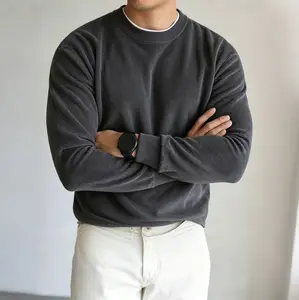 Men’s corduroy crewneck sweatshirt for spring/autumn, solid color, casual versatile long-sleeve pullover sports shirt, comfortable fabric, round neck