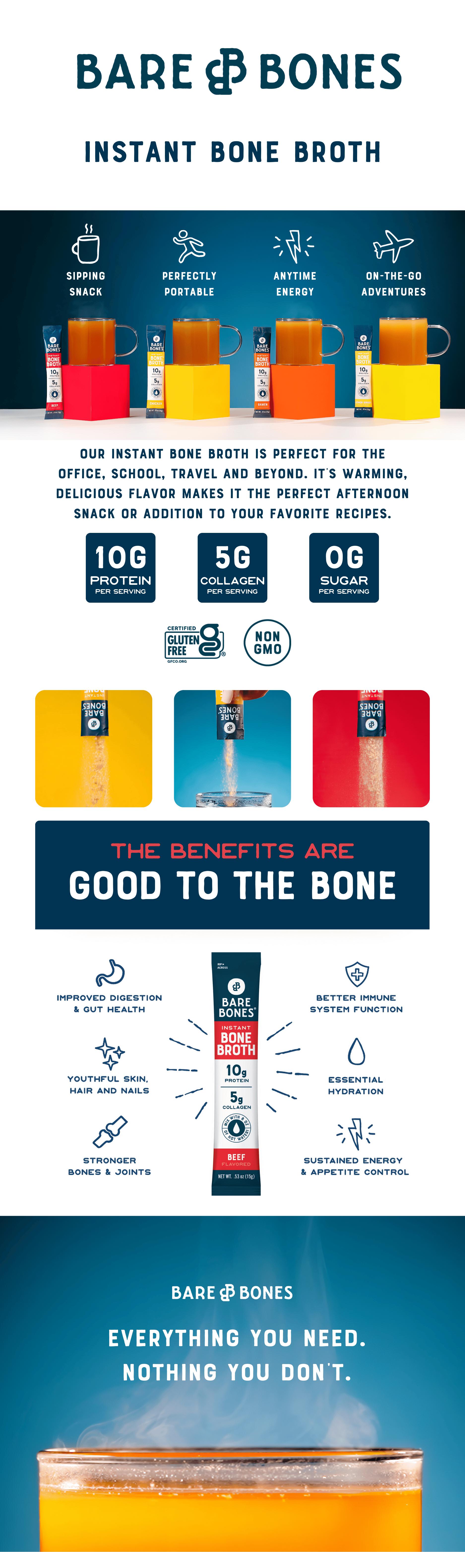 Bare Bones Instant Bone Broth | 10g Protein & 5g Collagen | Gut Health & Protein Boost | Keto, Paleo, Intermittent Fasting Friendly | 16 Stick Packs - Collagen