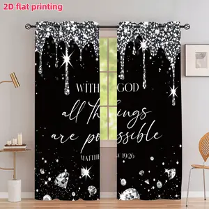 2D Flat 2Pcs Gospel Faith Quote Curtains, Black Silver Glitter Drip Diamonds Pattern, Matthew 19:26 Bible Verse Print, Semi Sunshade Living Room Bedroom Study Window Drapes, Home Decor Accessory, Anti Privacy.