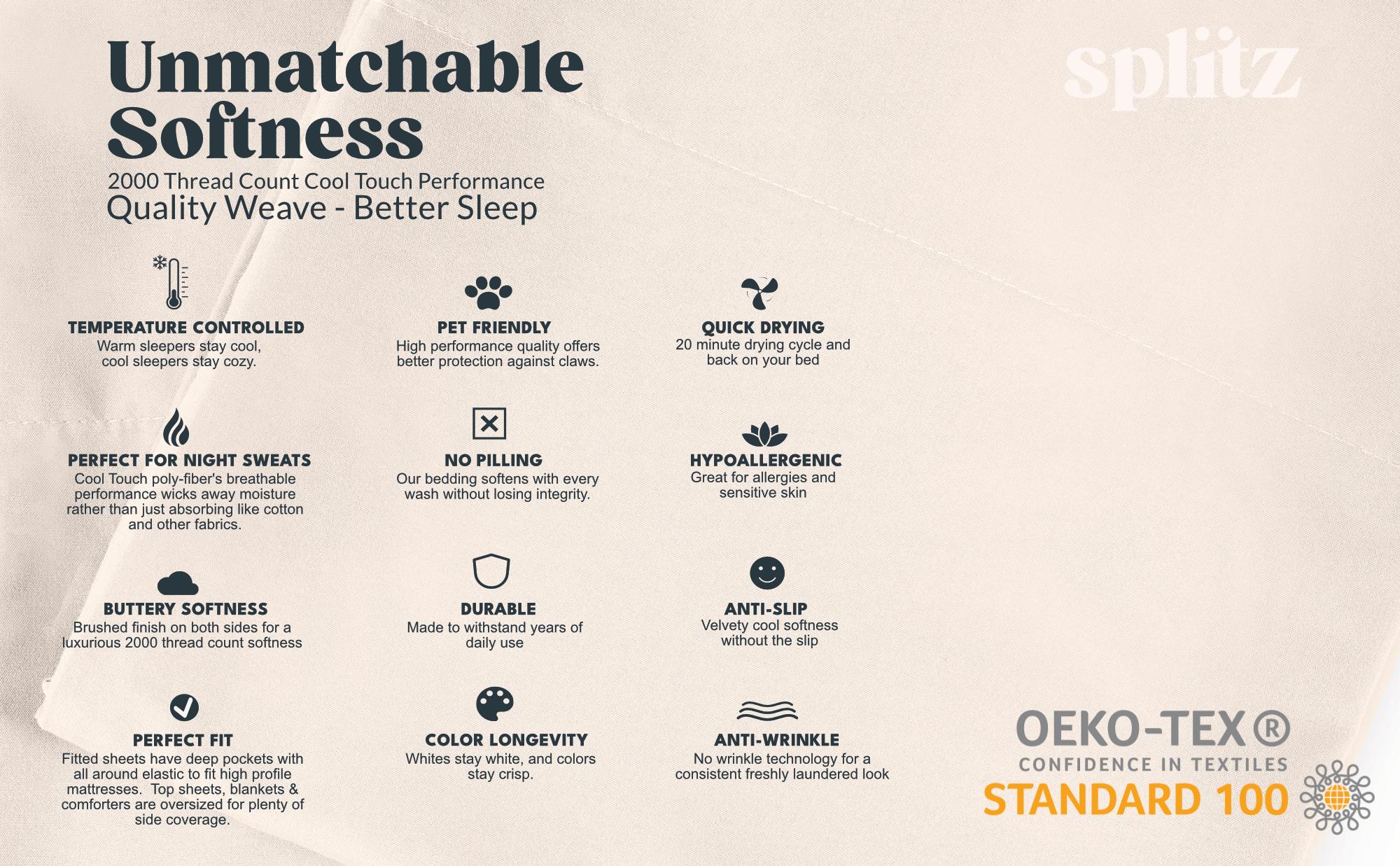 Splitz Sheet Set for Couples - Seagrass, 2000 Thread Count Cool Touch Poly-fiber, Extra-wide Split Top Sheet, Deep Pockets for Mattresses up to 22"