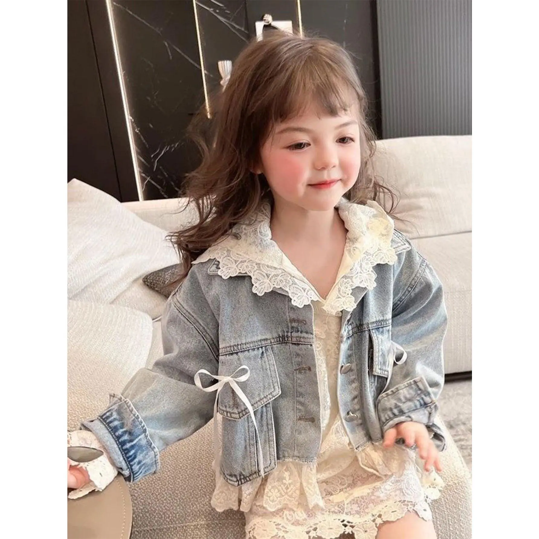 New girls' sweet and cool style outfit: denim lace patchwork jacket + lace dress, stylish princess two-piece set