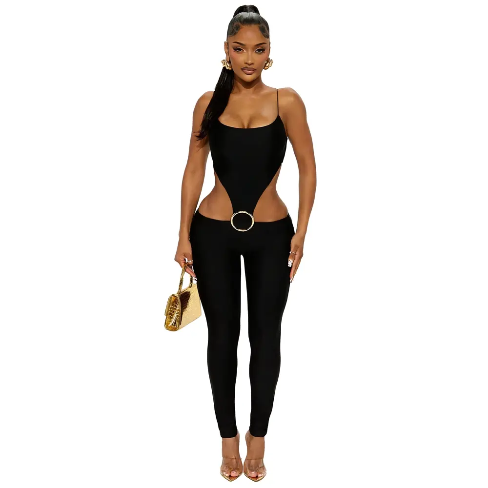 Spring Summer Clothes Elegant Black Sleeveless Cutout Jumpsuit For Women Strap Waist Ring Party Club One Piece Outfit