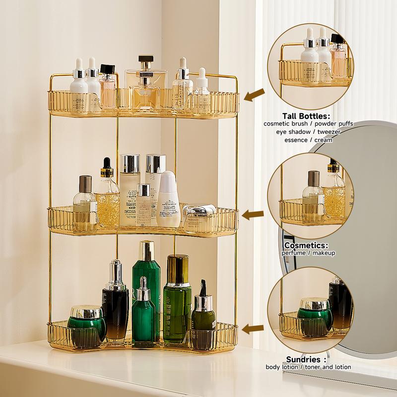 UFORU 3 Tiers Corner Bathroom Counter Organizer, Clear Countertop Shelf Storage Rack, Cosmetic Perfume Tray Standing Holder with Gold Metal Pole, Skincare Sink Organizer for Vanity Kitchen Transparent Smooth