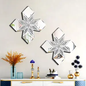 Crushed Diamond Mirror Wall Decor 2 Pack, 16.75x16.75” Diamond Shape Silver Wall Mirror for Living Room Dining Room Bedroom