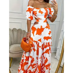Women's Elegant Off Shoulder High Waist Flared Dress with Graphic Prints, Stylish Club Wear for Summer Casual, Bohemian Floral Orange Shortsleeve Womenswear