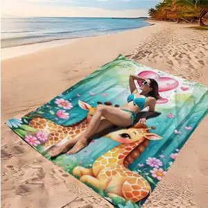 Heart Balloon Giraffe Couple Beach Towel, Superfine Fiber Absorbent Bath Towel, Pool Party, Beach Vacation, Summer Outdoor Multi-Purpose Large Quick-Dry Towel
