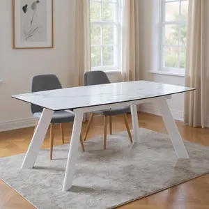 360 stand Contemporary Rectangular Extendable Dining Table - 29.5x71x35.5 in 2-Tone Gray & White Ceramic Top, Metal Legs, Self-Storing Leaf, Seats 6, Two-Tone