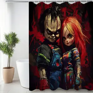 Ghost Busters & Tiffany Bath Curtain Set, Dark Horror Bathroom Decor Kit, Non-Slip Mat + Toilet Lid Cover + U-Shaped Pad + Waterproof Shower Curtains