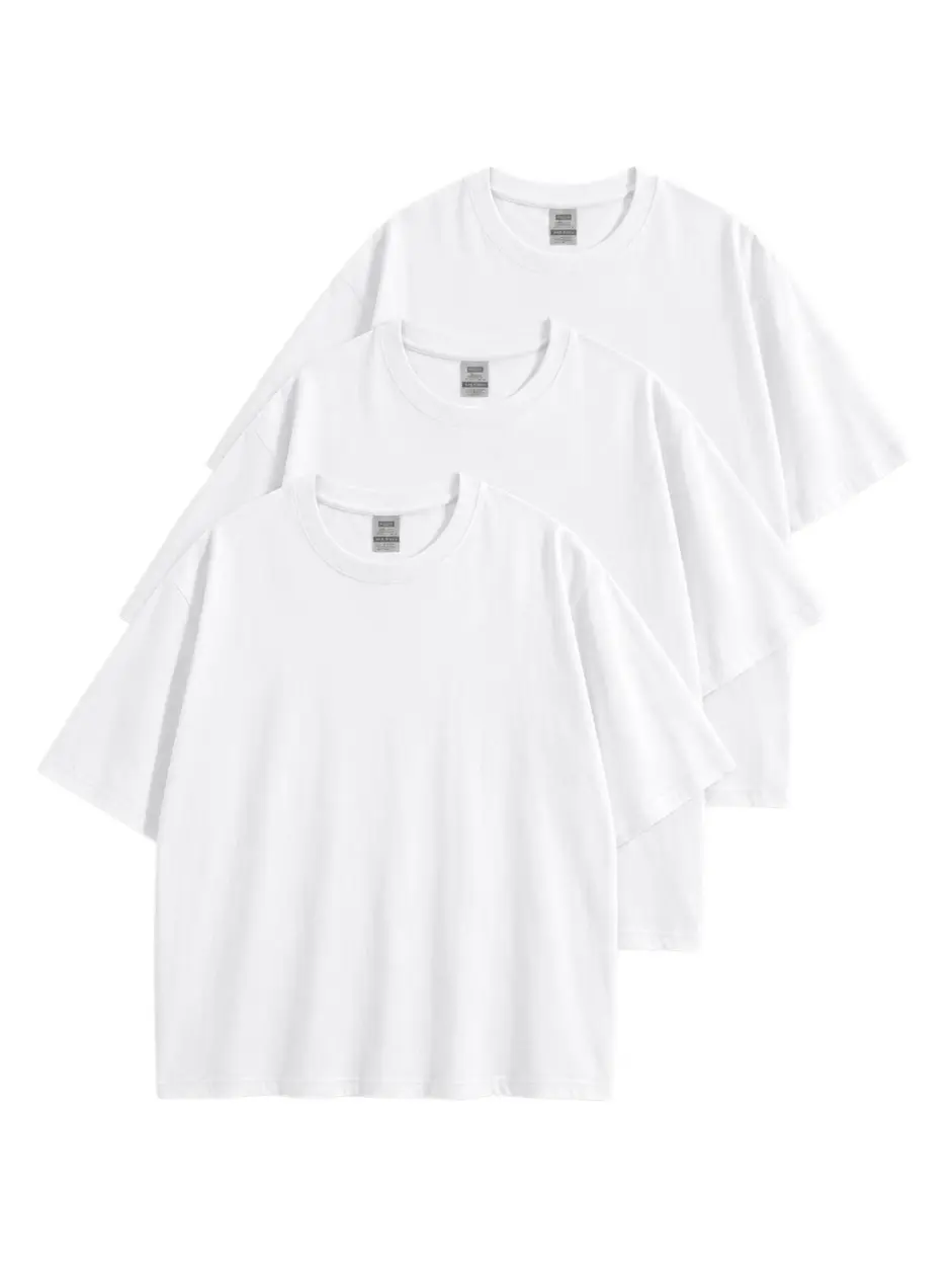 Men's 3-Pack 100% Cotton Solid White Oversized Crew Neck Streetwear Tees, Heavyweight Classic Unisex Shortsleeve Breathable Plain Tops, Soft Durable Layer Casual DIY Blank Shirts for Men Fathersday Gift, Fabric