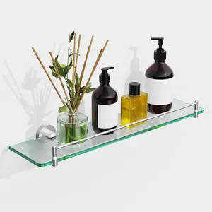 20 Inches Tempered Glass Floating Shelf - Brushed Nickel Stainless Steel Wall Mount Modern Glass Storage Shelves for Bathroom