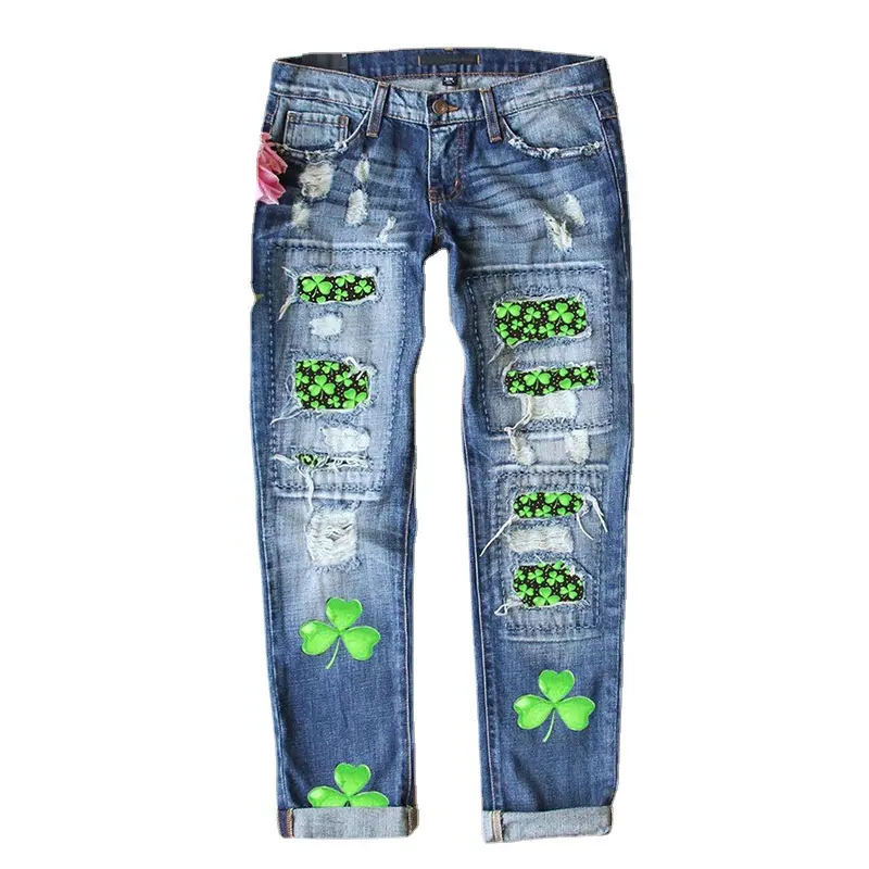 St. Parritt Festival 2026 New Clover Printed Mid-rise Straight Lady's Streetwear Jeans, Blue Everyday Trouser Piece for Women, Bottoms, Fitted, Minimalist, Basic