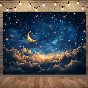 1pc Summervibes Crescent Moon Dreamy Sky Backdrop Banner, Soft Texture Multi-Size Polyester Fabric with Clouds and Sparkling Stars, Photo Backdrop for Romantic Bedroom Decor, Weddings