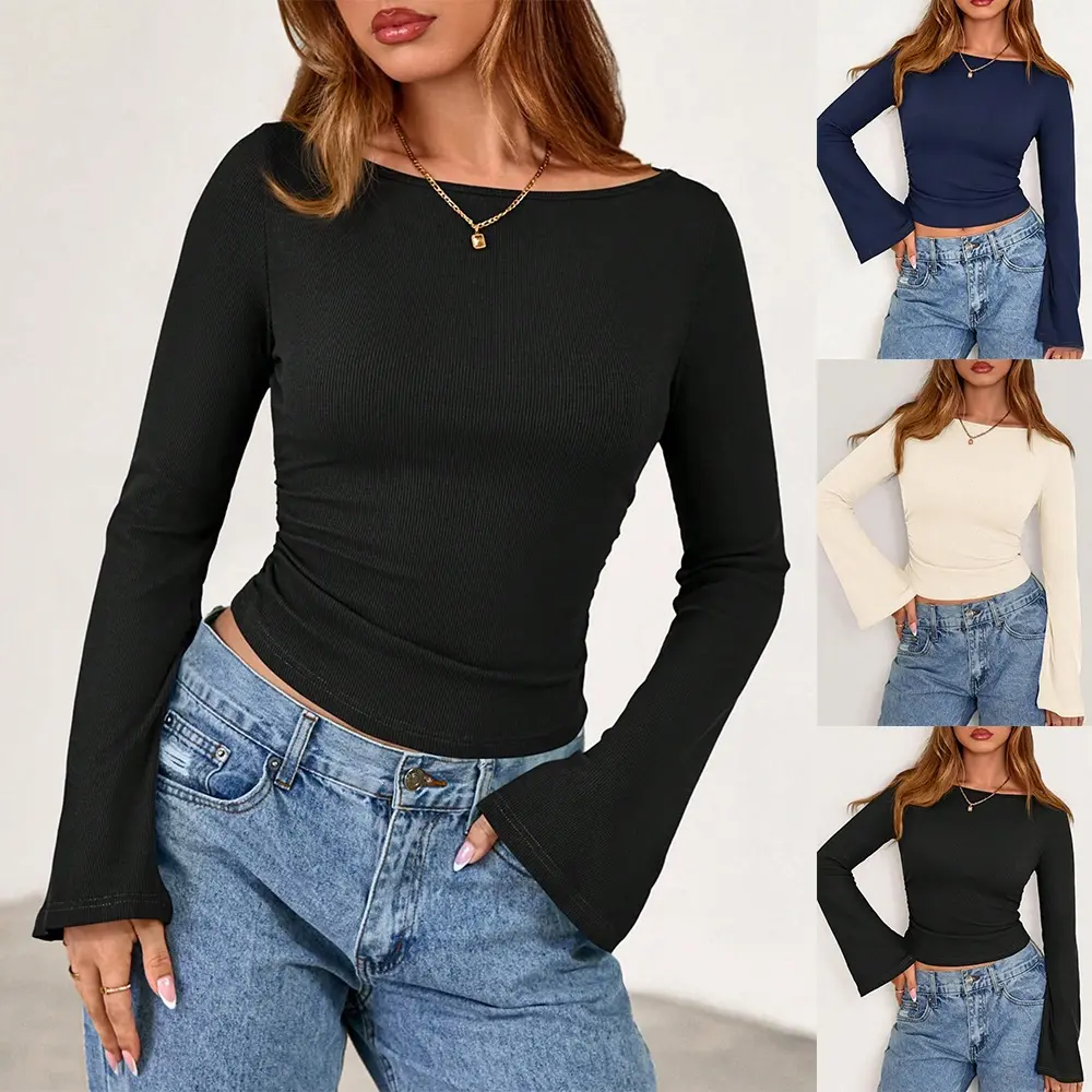 FEITAI Women's Long Sleeve Crop Blouse - Casual Boat Neck, Bell Sleeves, Ruched Design - Going Out Top for Women