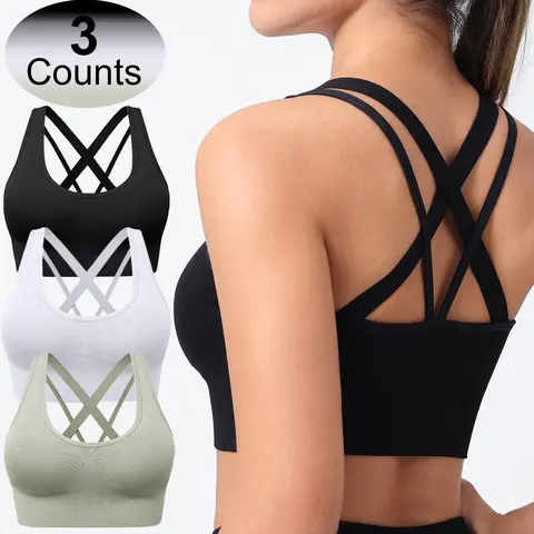 Women's  Solid Criss Cross Wireless Sports Bra, Comfortable Detachable Chest Pad Sports Bra for Yoga Gym Workout, Ladies Sportswear Clothing for All Seasons,Christmas Gifts for Women, Yoga Workout Activewear, Sporty Breathable Bras