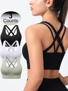 women's  solid criss cross wireless sports bra, breathable comfortable detachable chest pad sports bra for yoga gym workout, ladies sportswear clothing for all seasons
