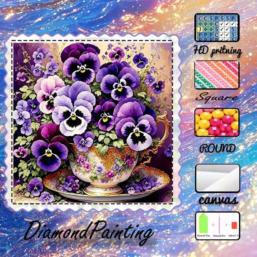 5D-DIY, high-end velvet canvas, diamond art, diamond painting kit, purple pansy AB diamonds, fairy dust diamonds, crystal diamonds, perfect home decoration, handmade diamond art painting kit, special craft diamond art kit, Handicraft