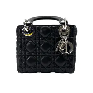 Pre-owned Dior Lambskin Shoulder Bags Lady Mini Black Cannage Handle Bag With Silver Charms DR697