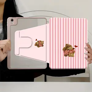Pastel Pink Striped Bear iPad Case, 360° Rotating Shock-Absorbing Protective Case, Cute Vintage Pattern, Drop-Proof All-Round Protection, Sleek Low-Profile Form, Fits iPad (A16) 8th/11th Gen, Ideal for Everyday Carry & A Dreamy Gift for Girls