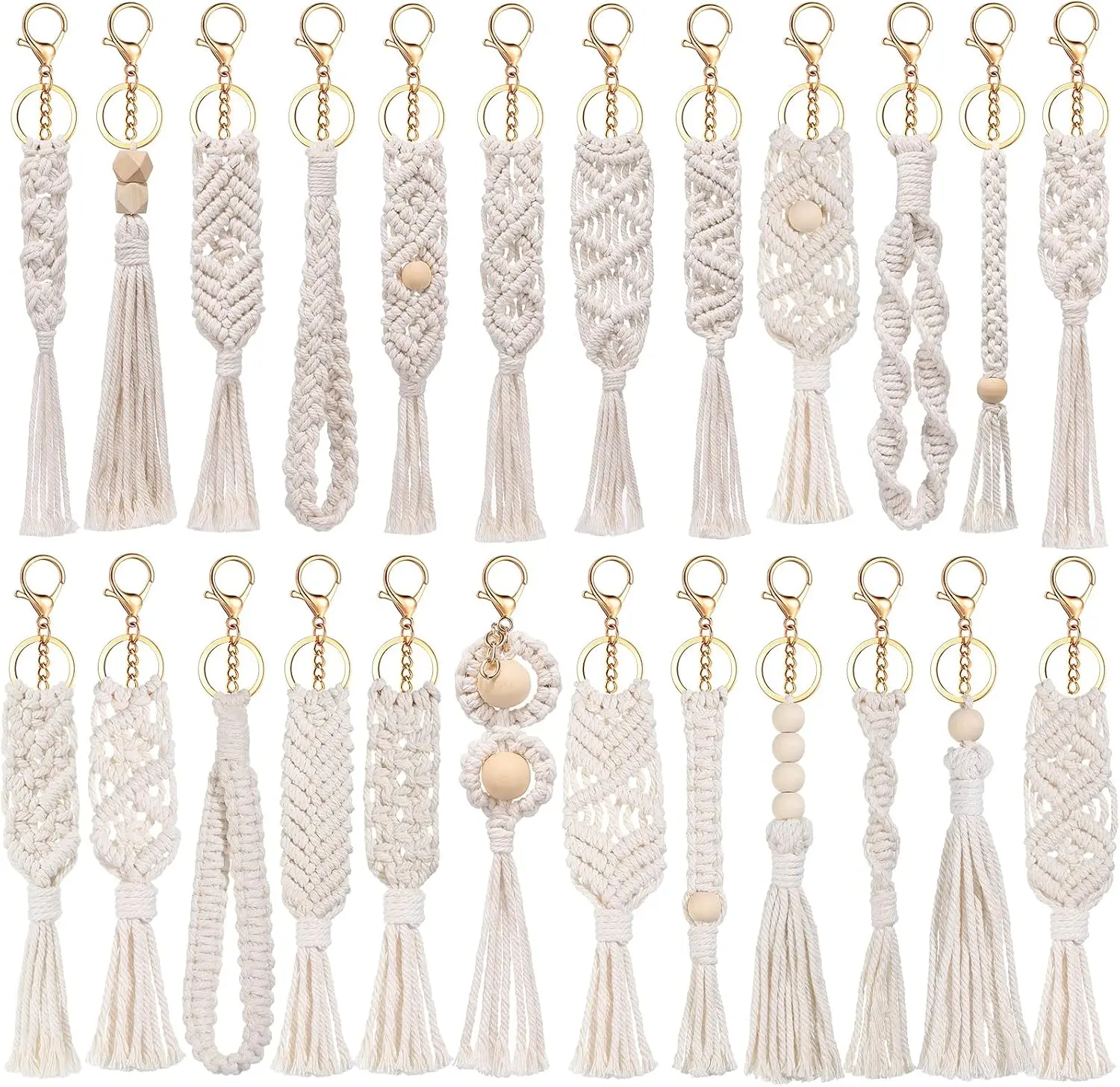 24 Pcs Boho Macrame Keychains Bulk - Beige Cotton Thread Macrame Weave Keyring Tassel Bag Charms with Lobster Clasp, Boho Charm Gift Idea for Phone Accessories