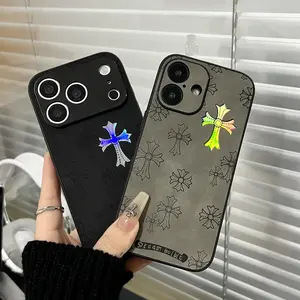 Cross logo leather phone case compatible with iPhone 17/16/15/14/13 Pro Max, iPhone 16/15Plus luxury pure plain leather ultra-thin business phone case 2026 6.1 inches (black)