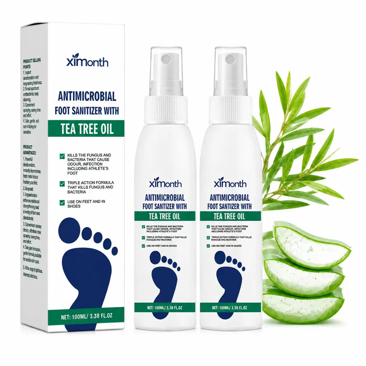 【2 Bottles】Tea Tree Oil Foot Spray, 3.38 oz Foot Care Sanitizer for Odor Control, Dry Feet Moisturizing & Hydration, Deodorizing Spray with Nail Fungus Care