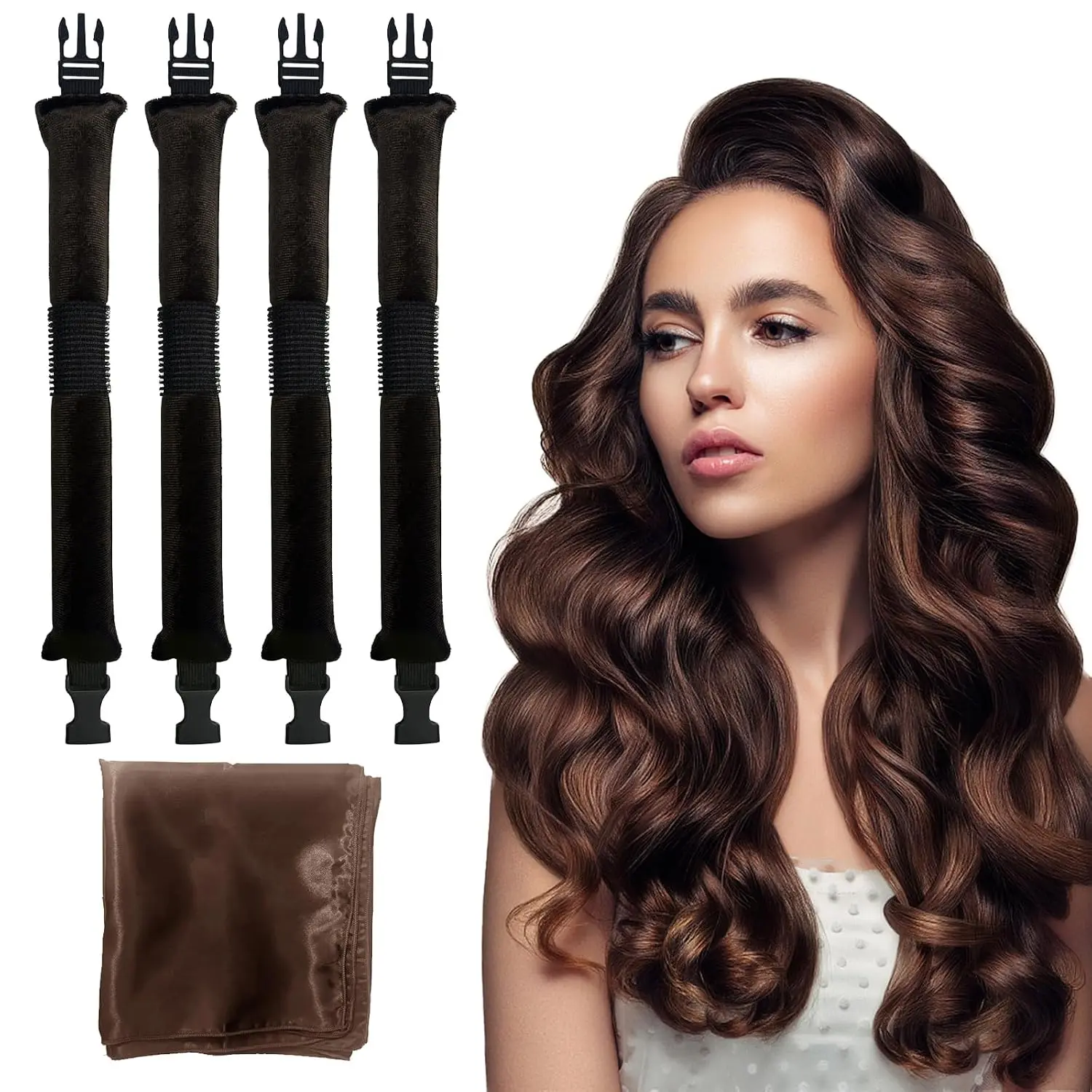 4 Pack Heatless Hair Curlers Overnight Set – Velvet No Heat Curling Rods with Satin Scarf for Soft Natural Curls, Damage-Free Hair Styling Rollers for Long, Medium & Short Hair, Easy Overnight Hair Curler Kit