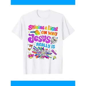 a Shining a Light On Who Really Is VBS T-Shirt for man woman, Comfortable Crew Neck Short Sleeve, Breathable, Moisture Wicking, Casual Comfortable Fashion Vacation Bible School Party, Cute Illumination Station John 8:12 Graphic Tee