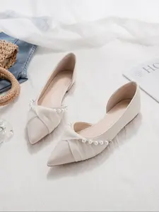 Women's New Flat Shoes, Scandinavian Ballet Flats, Versatile Low-Top Soft Sole Pointed Toe, Side Hollow Design, Pearl Decorated Slip-On Casual Outdoor Mules