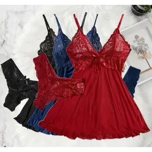 3PCS Transparent Red Lace See Through Nightdress Women's Sexy Lingerie Underwear Sleepwear Panty Pijamas Sets Nighty.For Sleeping Night Dress Women Lingеrie Sets Deep V Slip Nightgowns And Panties Lace Ruffle Trim Underwear Pajama