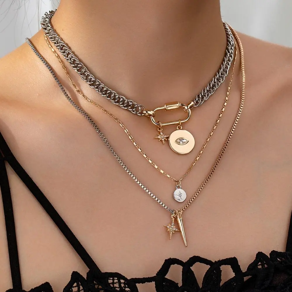 Women's gold layered necklace, 3-piece chunky chain two-tone necklace, silver coin pendant, paperclip layered chain, fashionable and unique jewelry gift.