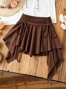 Y2K Drawstring Mini Skirt, High Waist Asymmetric Hem Pleated Skirt, Casual Streetwear Style, Trendy Fashion for Women