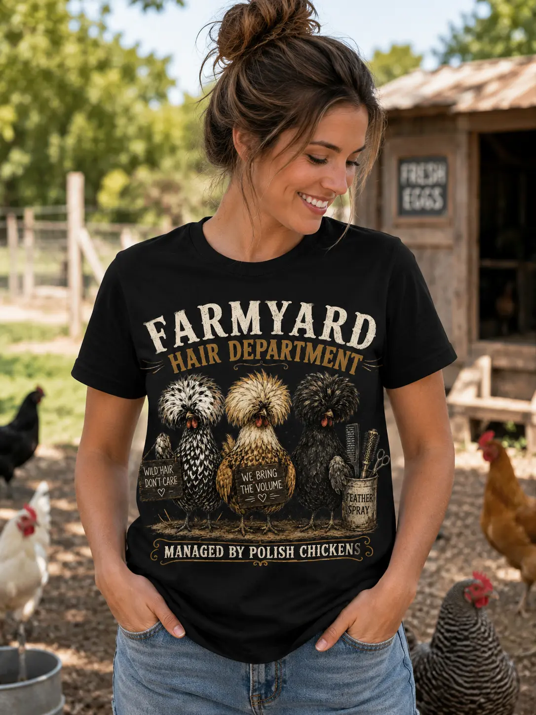 Ultra Cotton T-Shirt, "Farmyard Hair Department - Managed by Polish Chickens" Design with Big Feathers, Increased Volume, Backyard Flock Humor