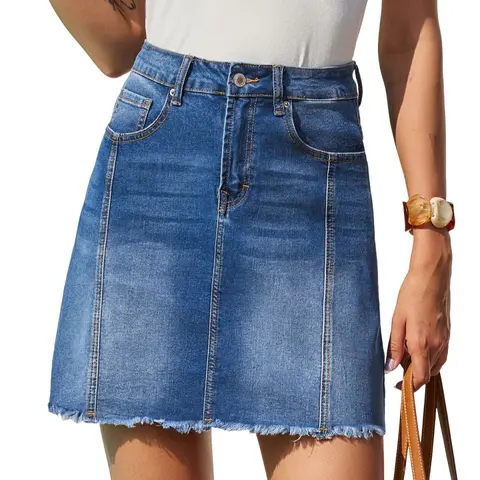 Sidefeel Women's Denim Skirt Casual Stretch High Waist Raw Hem Zipper Closure Jean Skirt Fall Outfit