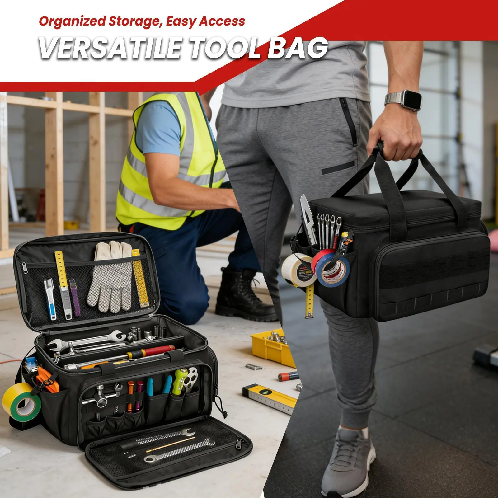 Heavy Duty 14-Inch Canvas Tool Bag - Reinforced Bottom - Multipurpose Organizer Tote with Multiple Pockets for Electricians, Mechanics, Carpenters, Handymen - Waterproof Storage, Brown
