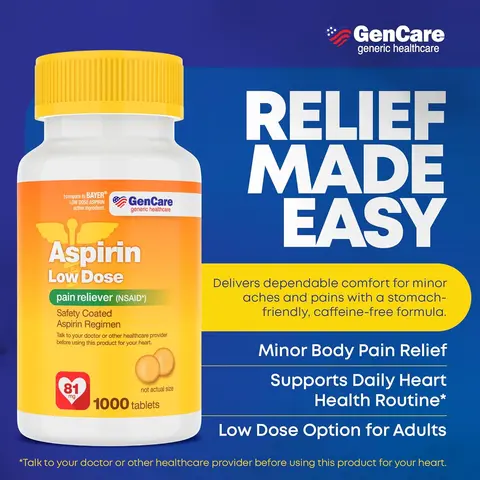 【HSA/FSA Eligible】GenCare Low Dose Aspirin 81mg Tablets – Bulk Value 1000 Count – Safety Coated Aspirin Regimen for Doctor-Directed Use – Pain Reliever and Heart Health Support – Generic for Bayer