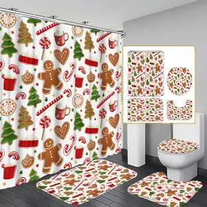 1/3/4PCS Christmas Gingerbread Man & Tree Shower Curtain Set, 71x71 Inches, Includes Background Pattern, Comes with 12 Hooks